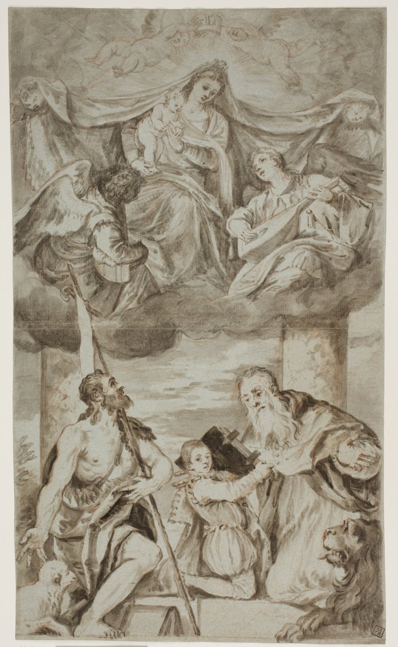 La Virgen y el Niño entre ángeles en las nubes con San Juan Bautista y San Jerónimo, después de la pintura de Paolo Veronese anteriormente en S. Francesco della Vigna, Venecia de Ubekendt Ubekendt