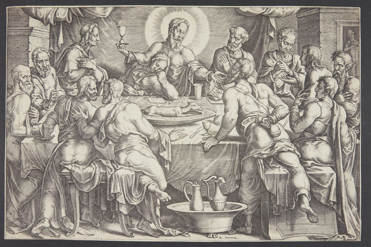 Cristo prediciendo la traición de Judas Iscariote en la última cena de Ubekendt efter Maarten van Heemskerck
