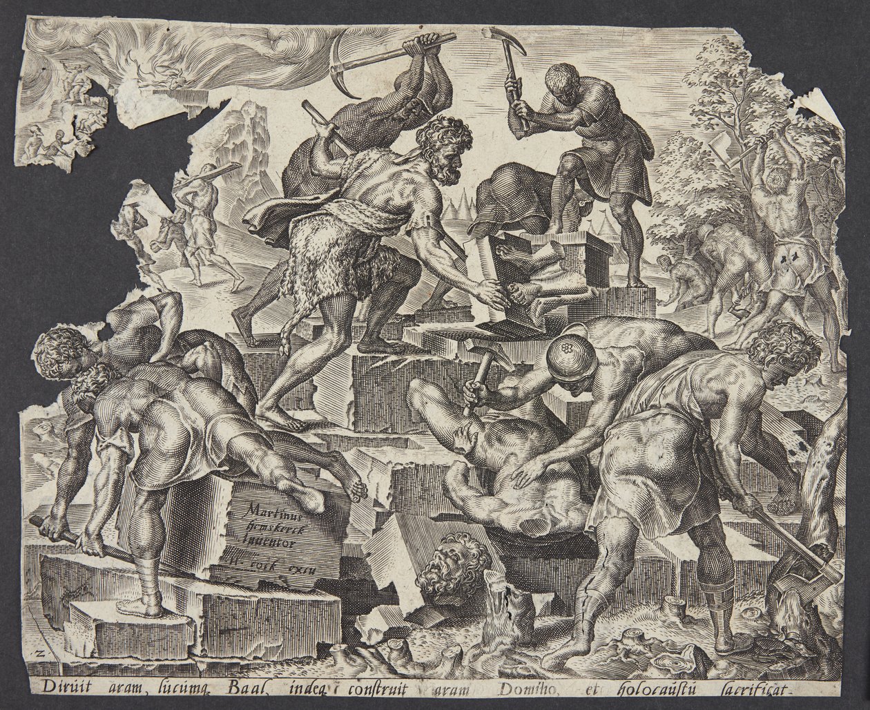 Gedeón y sus hombres destruyendo el altar de Baal de Ubekendt efter Maarten van Heemskerck