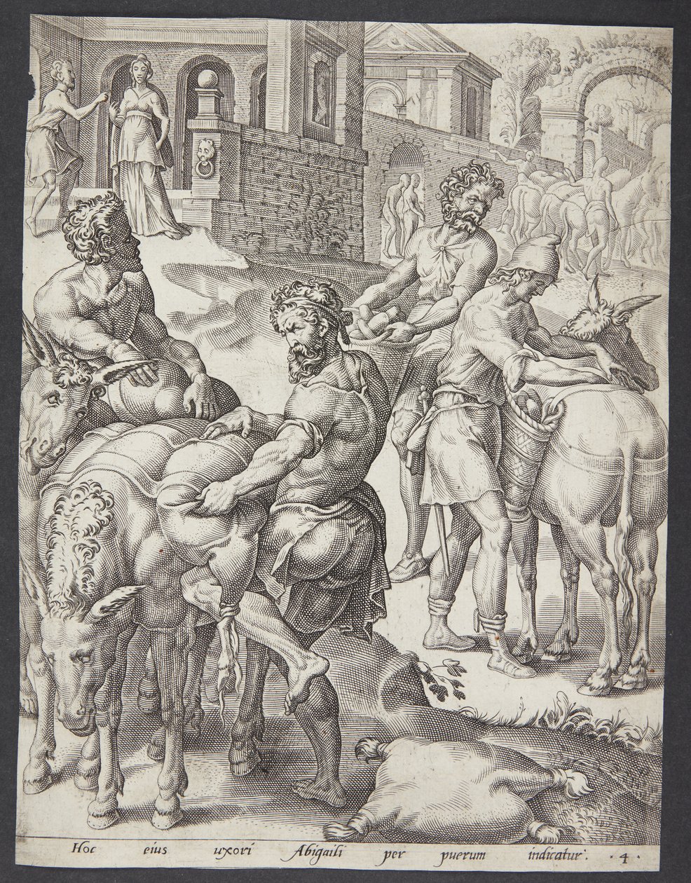 Los sirvientes de Abigail cargando los asnos con comida para David de Ubekendt efter Maarten van Heemskerck
