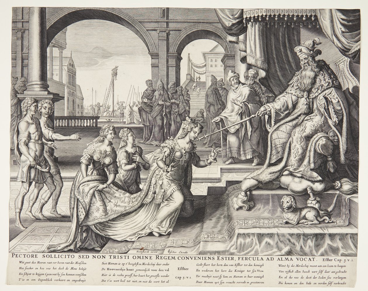 Ester ante Asuero, invitándolo a un banquete de Ubekendt efter Philips Galle efter forlæg af Maarten van Heemskerck