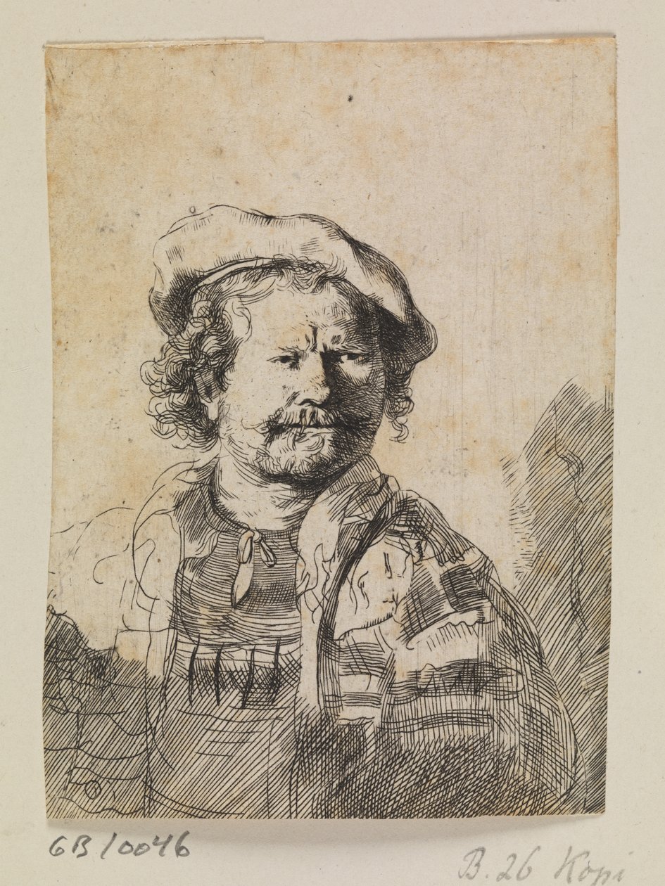 Rembrandt con gorra plana y vestido bordado de Ubekendt efter Rembrandt