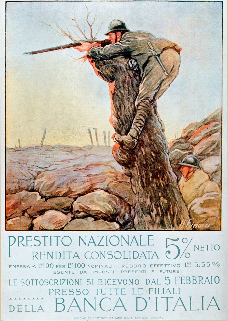 Primera Guerra Mundial: cartel italiano alentando el préstamo nacional. Ilustración de Ugo Finozzi (siglo XX). 1914-1918 de Ugo Finozzi