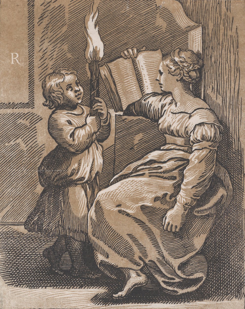 Una sibila leyendo un libro mirando a la izquierda, después de 1518 de Ugo da Carpi