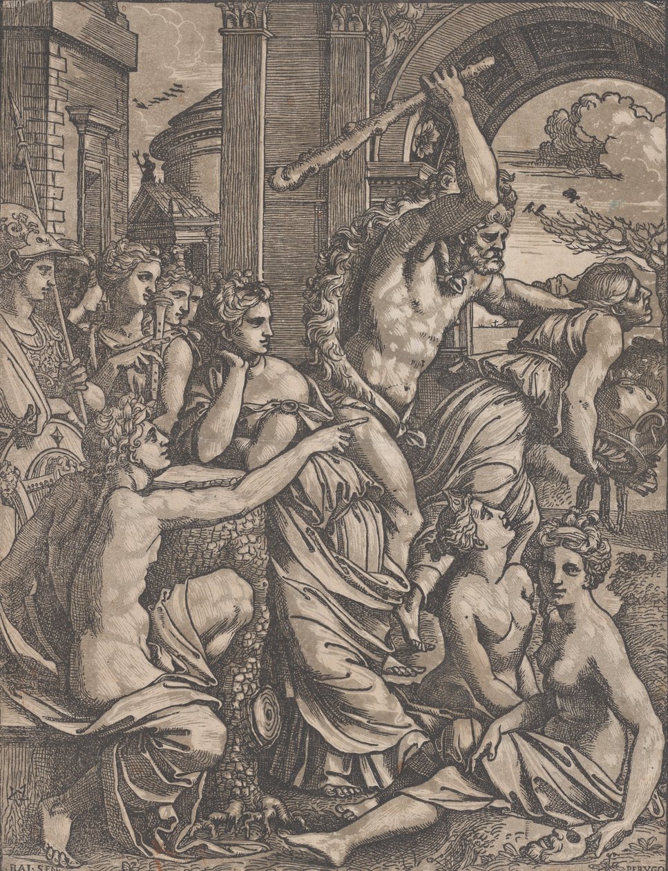 Hércules persiguiendo a la avaricia del templo de las musas, ca. 1520-27 de Ugo da Carpi