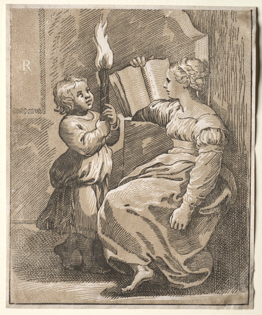 Sibila leyendo con un niño sosteniendo una antorcha, 1518-27 de Ugo da Carpi