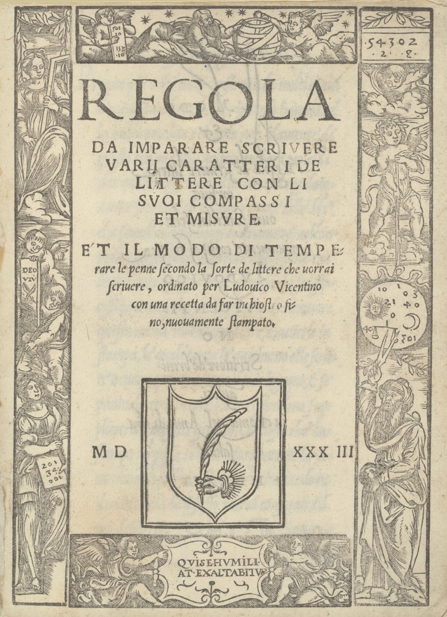 Regla para aprender a escribir varios caracteres de letras con sus compases y medidas: y la forma de templar las plumas de Ugo da Carpi, Ludovico Arrighi