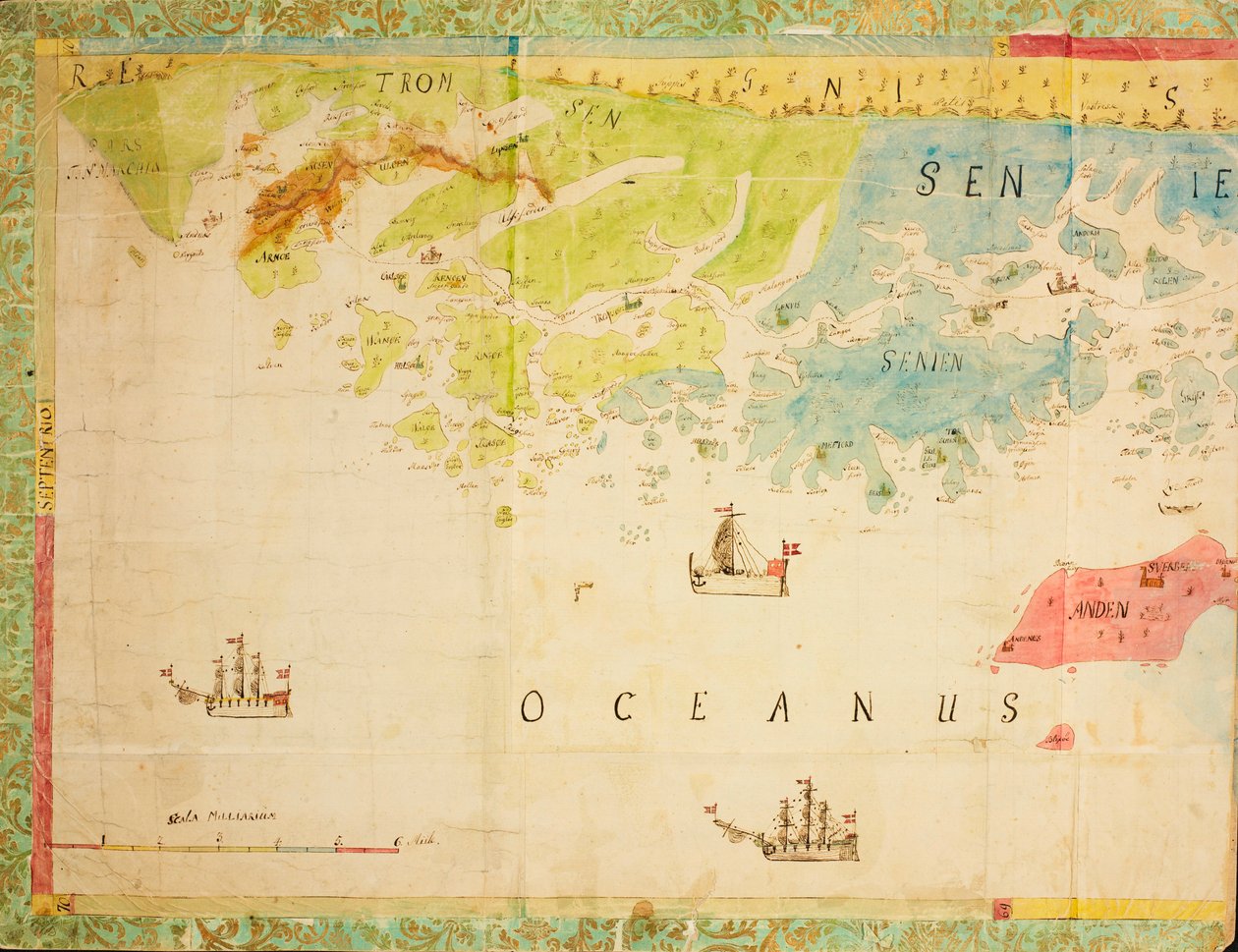 Mapa de la colección de mapas de la Biblioteca Nacional. El mapa fue dibujado a mano y muestra Trøndelag, Nordland, Troms, la costa, carta náutica de Ukjent tegner