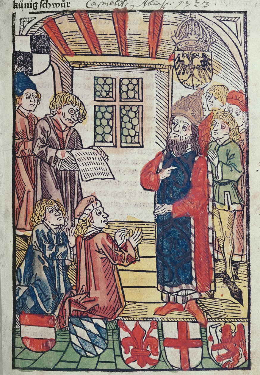 El Rey de los Romanos, Segismundo de Luxemburgo, recibe el homenaje del Duque Federico de Austria, 1483 de Ulrich von Richental