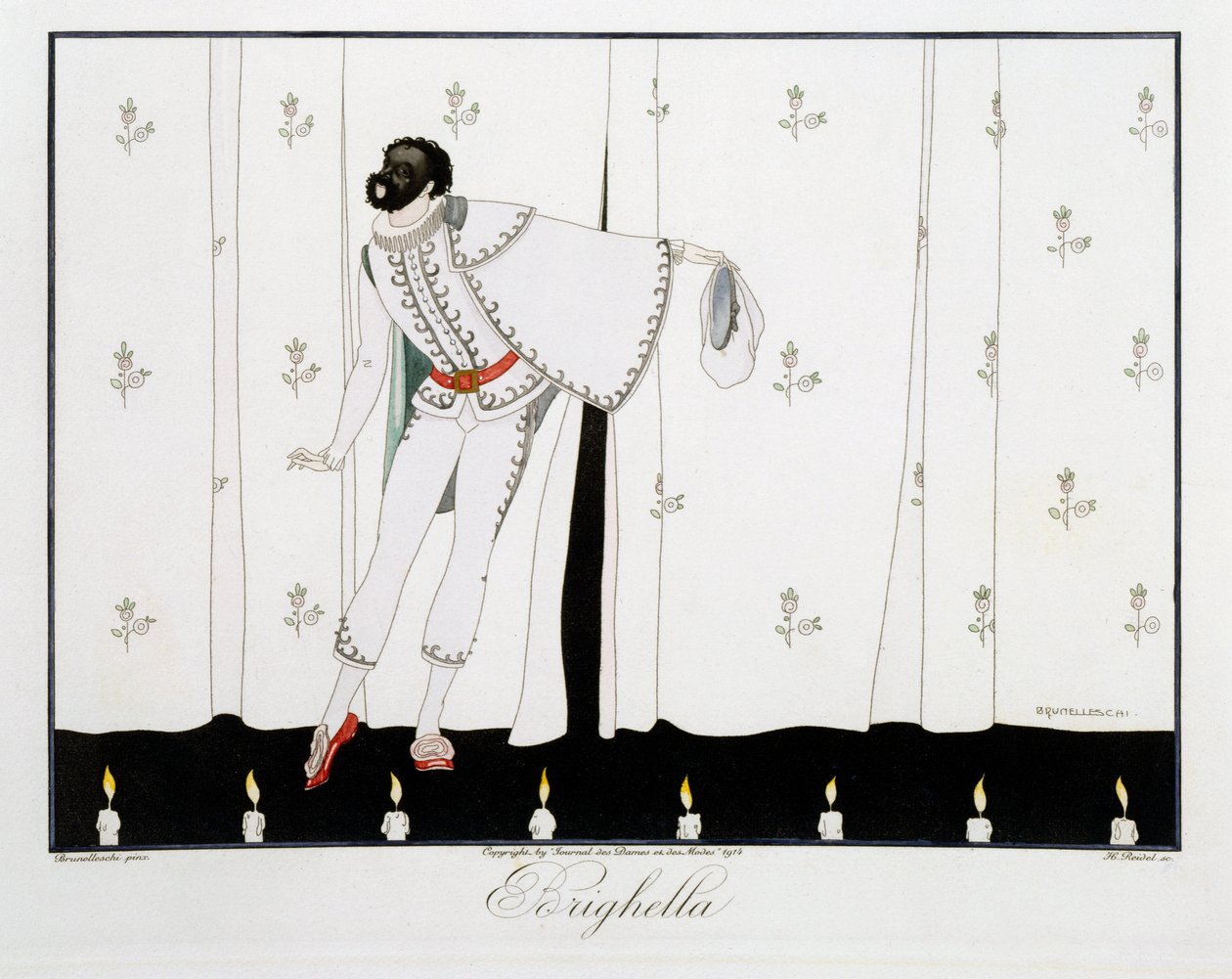 Brighella, de la edición "Máscaras y personajes del teatro italiano" de Le Journal des Dames et des Modes, grabado por Henri Reidel (fl.1914-20) 1914 (litografía en color) de Umberto (after) Brunelleschi