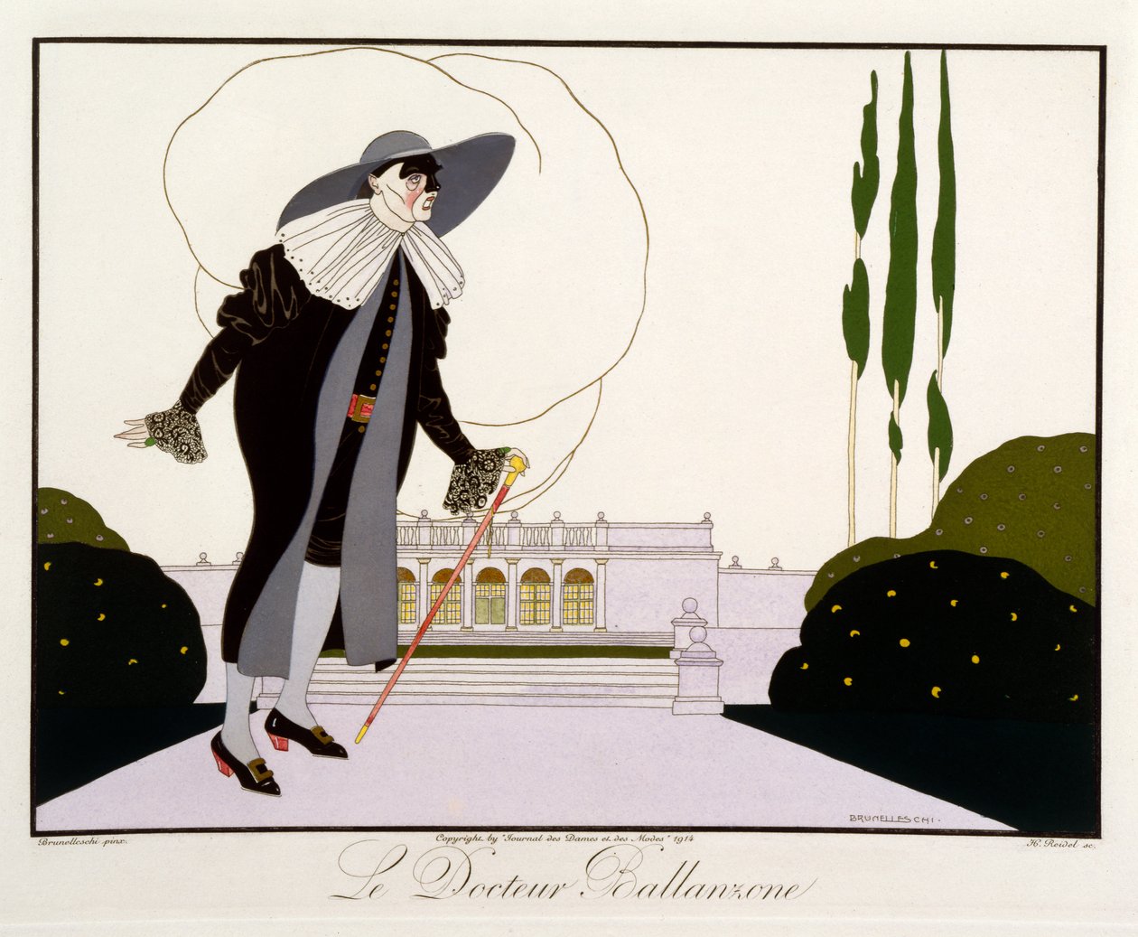 Doctor Ballanzone, de la edición "Máscaras y personajes del teatro italiano" de Le Journal des Dames et des Modes, grabado por Henri Reidel (fl.1914-20) 1914 (litografía en color) de Umberto (after) Brunelleschi