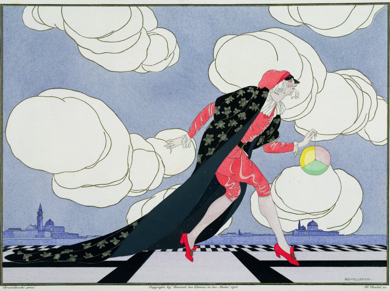 Pantalón, de la edición "Máscaras y personajes del teatro italiano" de Le Journal des Dames et des Modes, grabado por Henri Reidel (fl.1914-20) 1914 (litografía en color) de Umberto (after) Brunelleschi