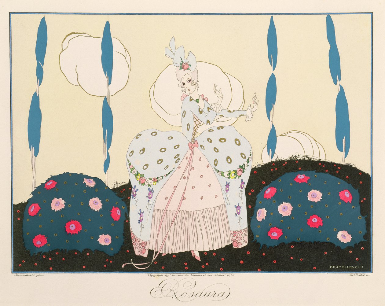 Rosaura, de la edición "Máscaras y personajes del teatro italiano" de Le Journal des Dames et des Modes, grabado por Henri Reidel (fl. 1914-20) 1914 (litografía en color) de Umberto (after) Brunelleschi