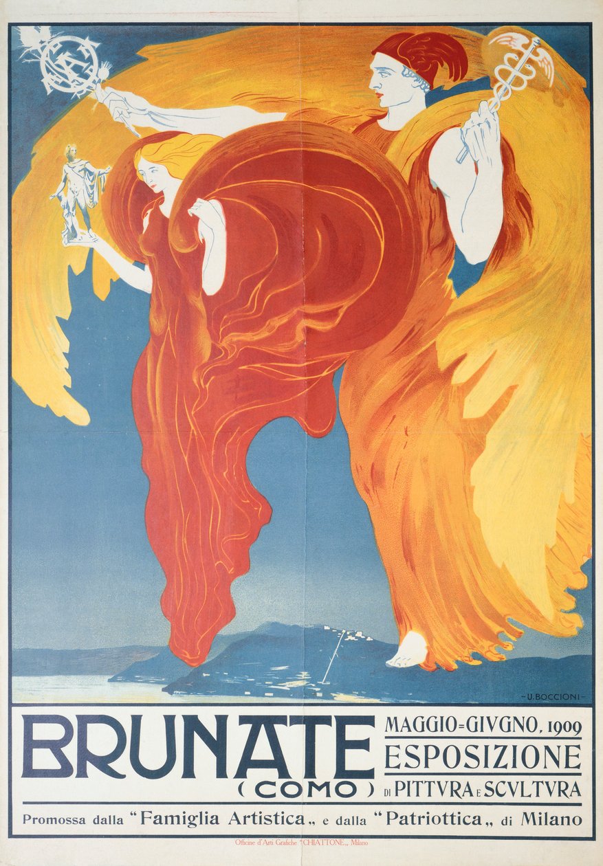 Póster para exposición de pintura y escultura en Brunate por Umberto Boccioni, cromolitografía de Umberto Boccioni