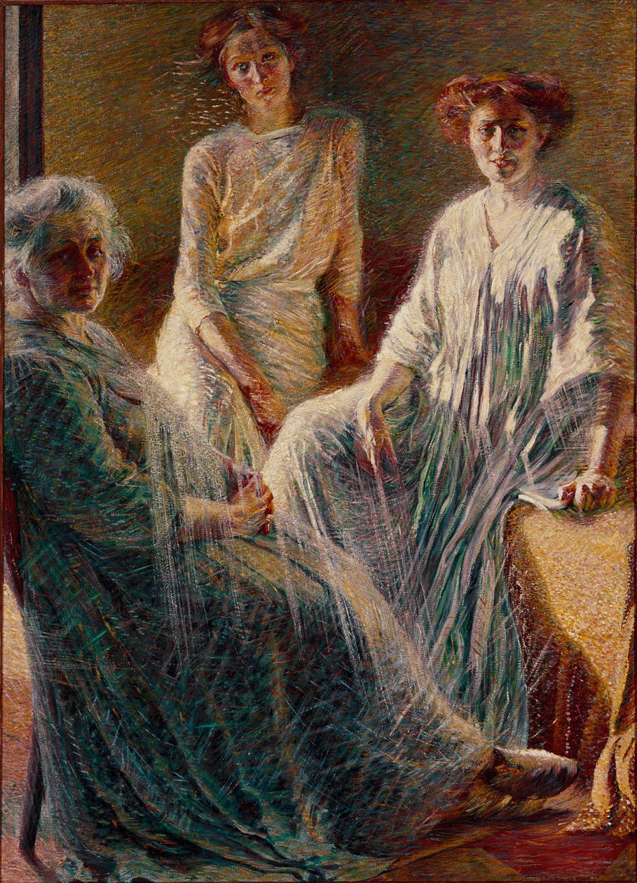 Tres mujeres. Las tres vestidas de blanco, simbolizan las tres edades de la vida. Pintura de Umberto Boccioni (1882-1916) 1909-1910. Colección privada de Umberto Boccioni