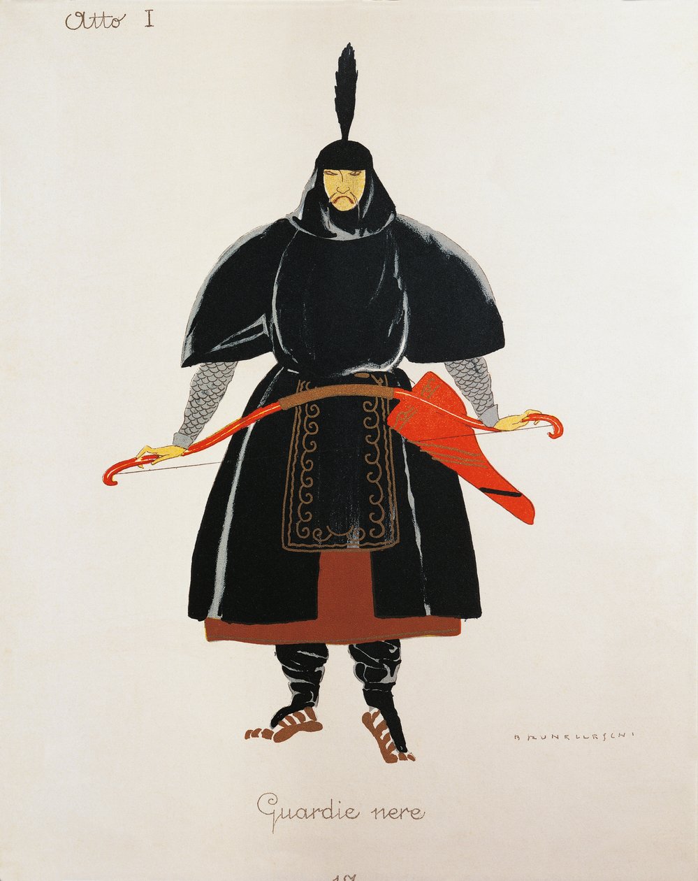 Traje de los guardias negros de Turandot de Giacomo Puccini, boceto de Umberto Brunelleschi (1879-1949) para la primera representación de la ópera en el Teatro alla Scala de Milán, 25 de abril de Umberto Brunelleschi