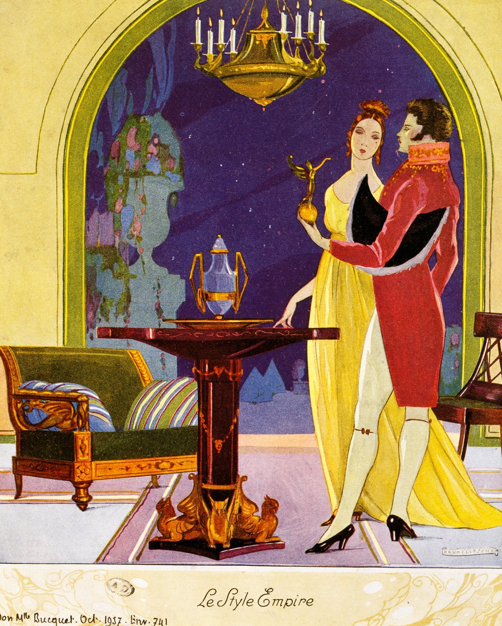 Escena estilo Imperio, escenario teatral, acuarela de Umberto Brunelleschi