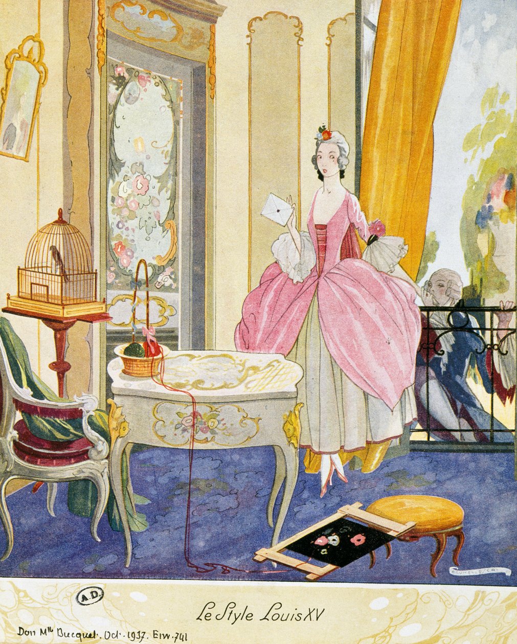 Escena de estilo Luis XV, escenario teatral, acuarela de Umberto Brunelleschi