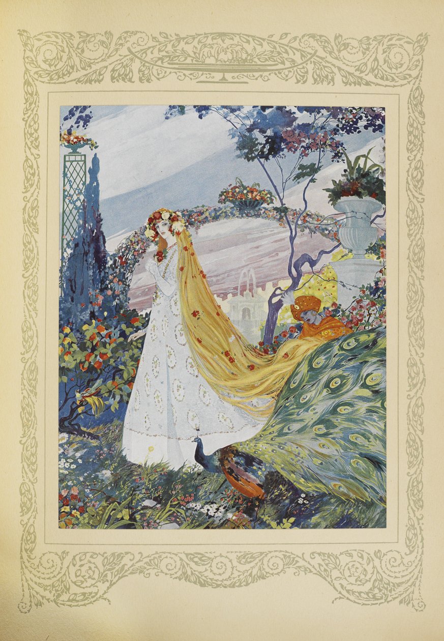 Siempre cubría su cabello rizado con una corona de flores en la cabeza, ilustración de "Contes du Temps Jadis", o "Cuentos de tiempos pasados", p.10 de Umberto Brunelleschi