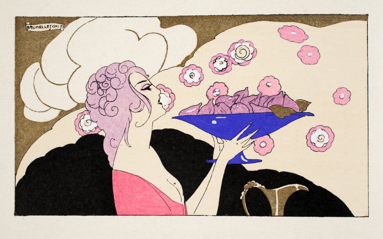 Mujer con un cuenco de higos en la mano (estampado pochoir) de Umberto Brunelleschi