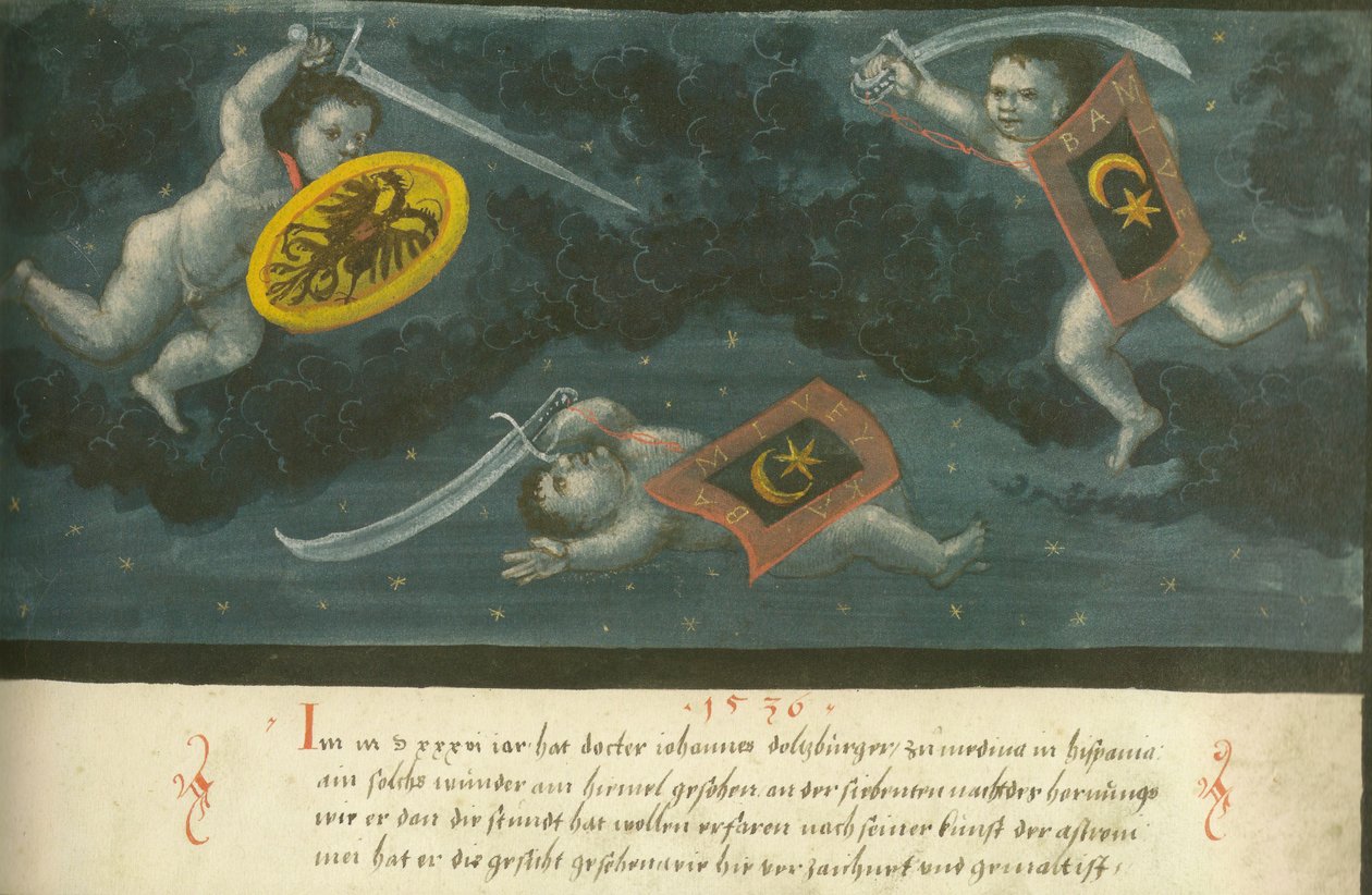 Augsburger Wunderzeichenbuch — Folio 134 Batalla celestial de tres niños 1536 de Unbekannt Unbekannt