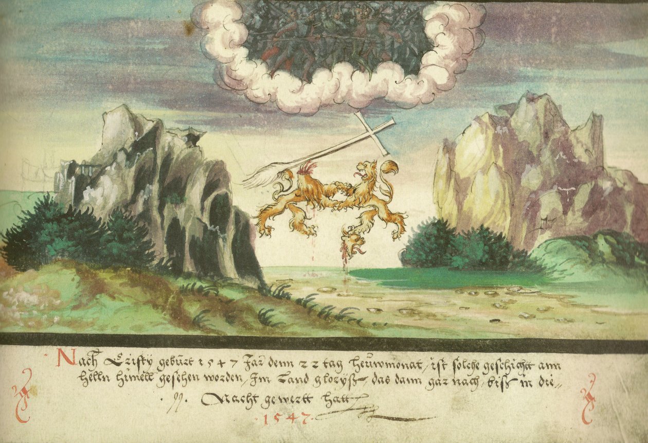 Augsburger Wunderzeichenbuch — Folio 157- Batalla celestial, leones sobre Glarus de Unbekannt Unbekannt