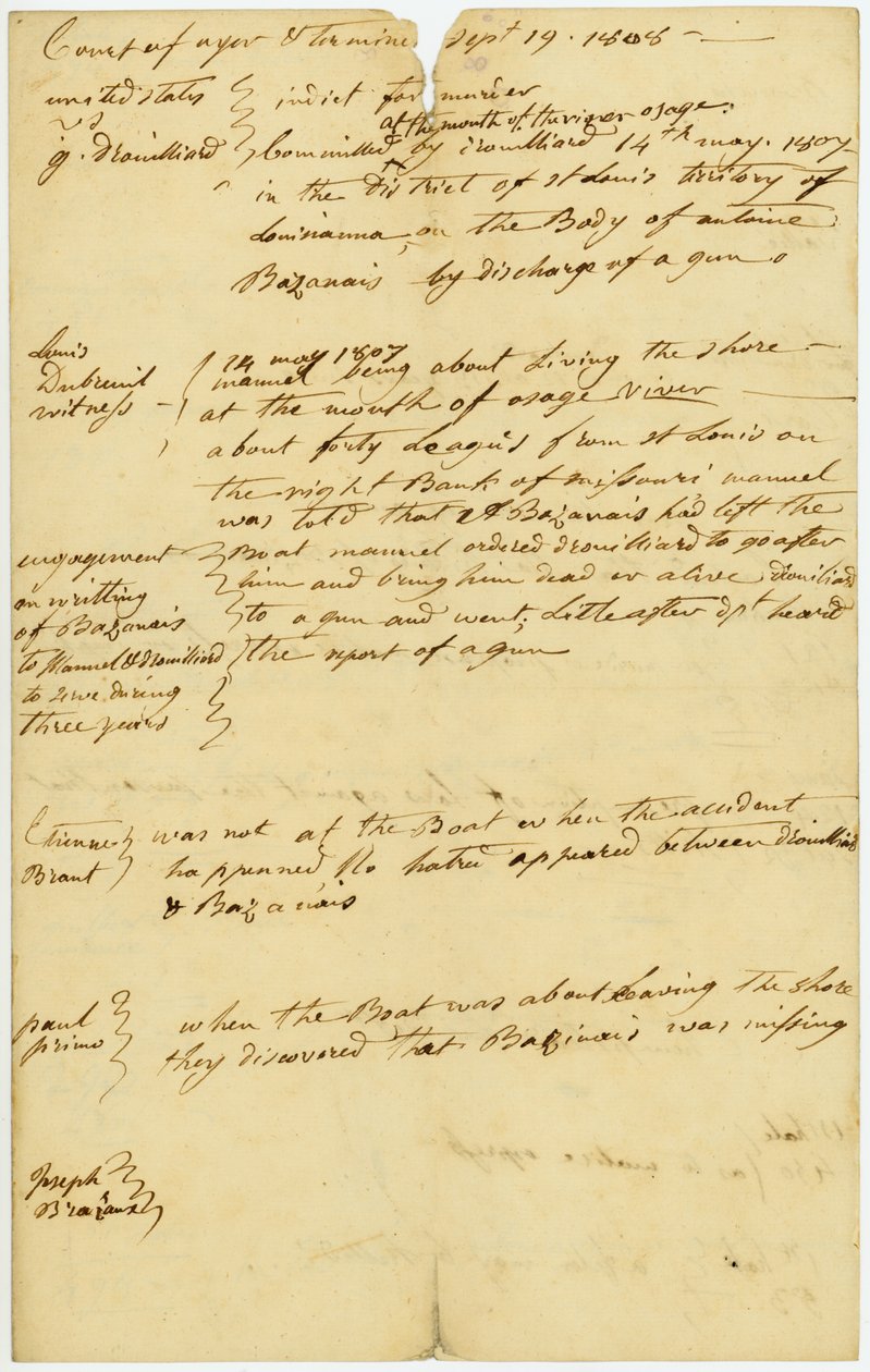 Drouillard fue acusado del asesinato de Antoine Bazanais [Antoine Bissonet] en la desembocadura del río Osage, 14 de mayo de 1807 de Unbekannt Unbekannt