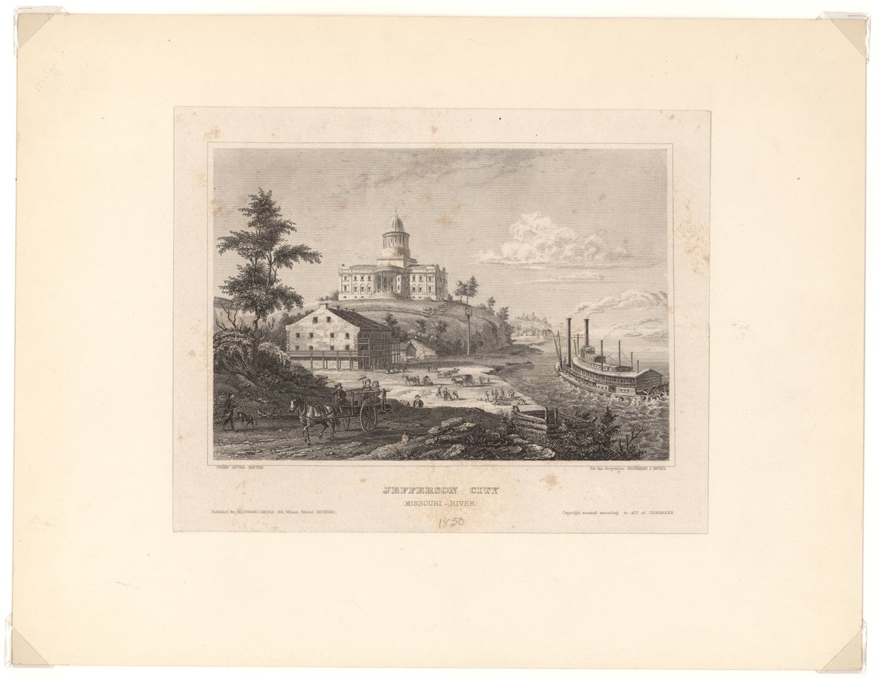 Grabado en acero horizontal mostrando una vista de la ciudad de Jefferson desde junto al río Missouri. El edificio del Capitolio está en una colina en el fondo. Un barco de vapor está en el río Missouri a la derecha y un caballo tira de un carro en primer  de Unbekannt Unbekannt
