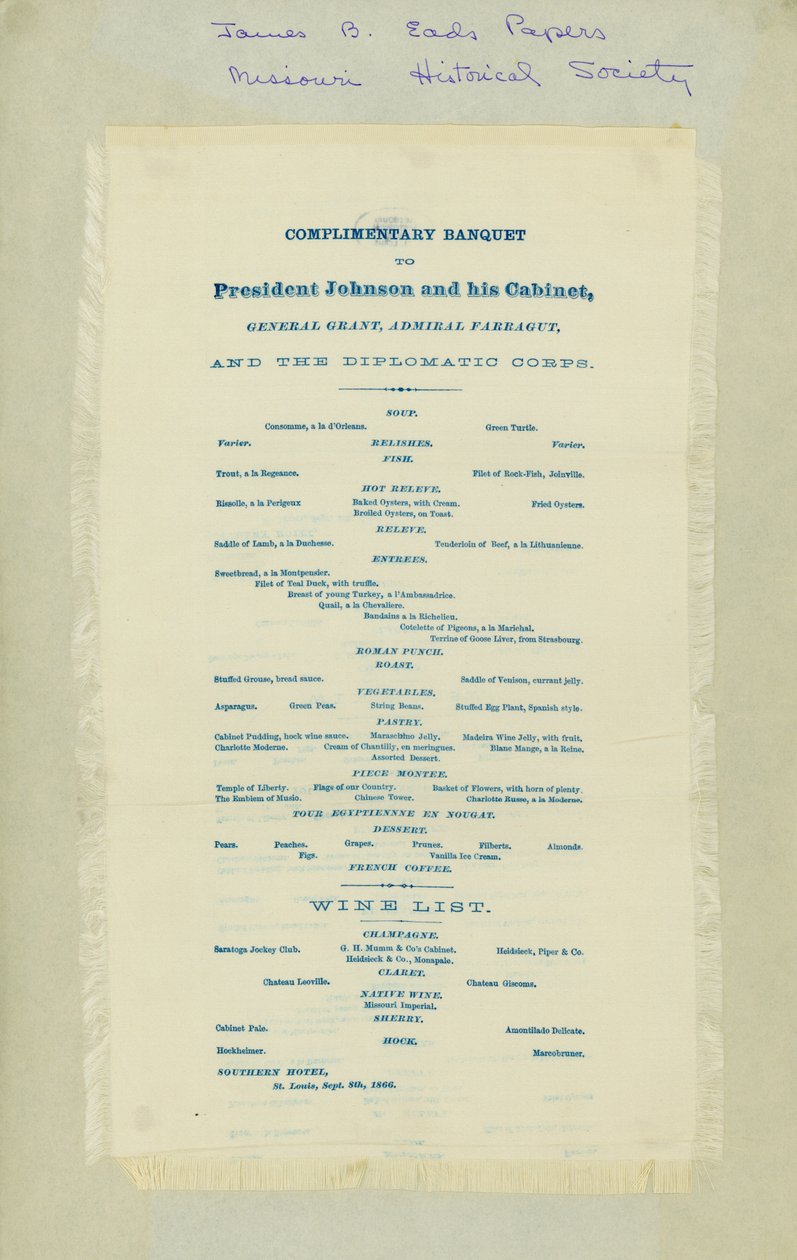 Incluye menú y sobre para la cena en honor a Andrew Johnson y otros funcionarios. Impreso en seda de Unbekannt Unbekannt