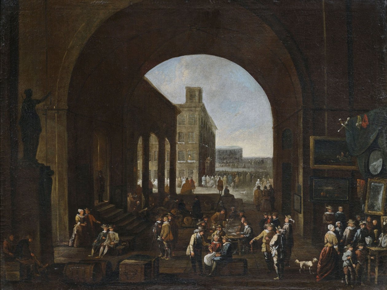 Mercado de arte bajo un gran arco con vista a una plaza italiana muy concurrida de Unbekannt Unbekannt