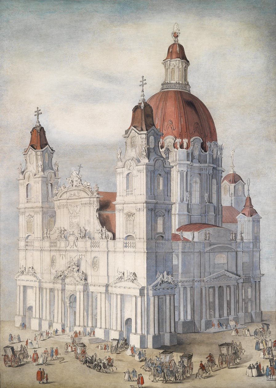Iglesia barroca monumental con figuras y carruajes de Unbekannt Unbekannt