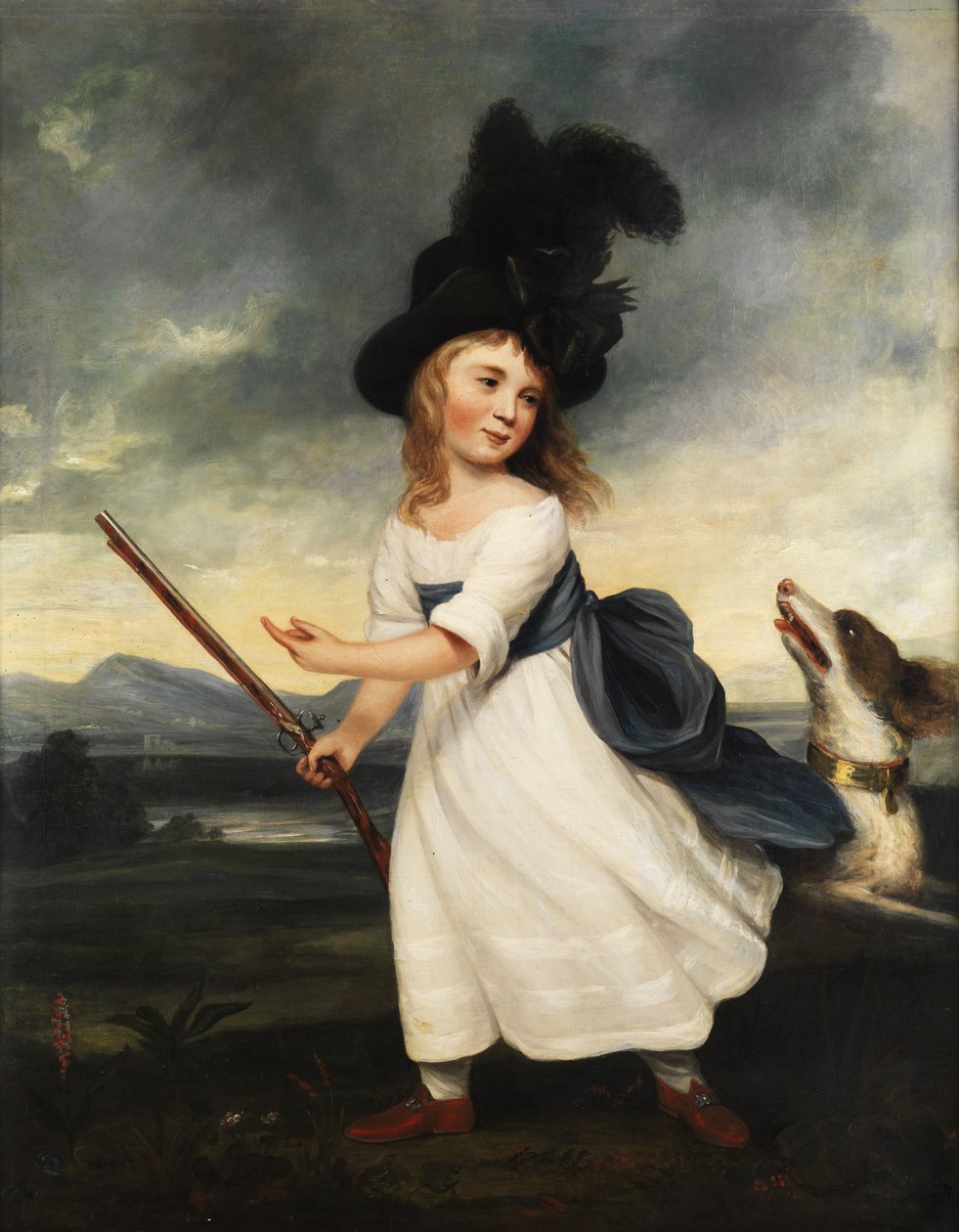 Retrato de una niña con vestido blanco, sombrero negro, rifle y perro de caza de Unbekannt Unbekannt