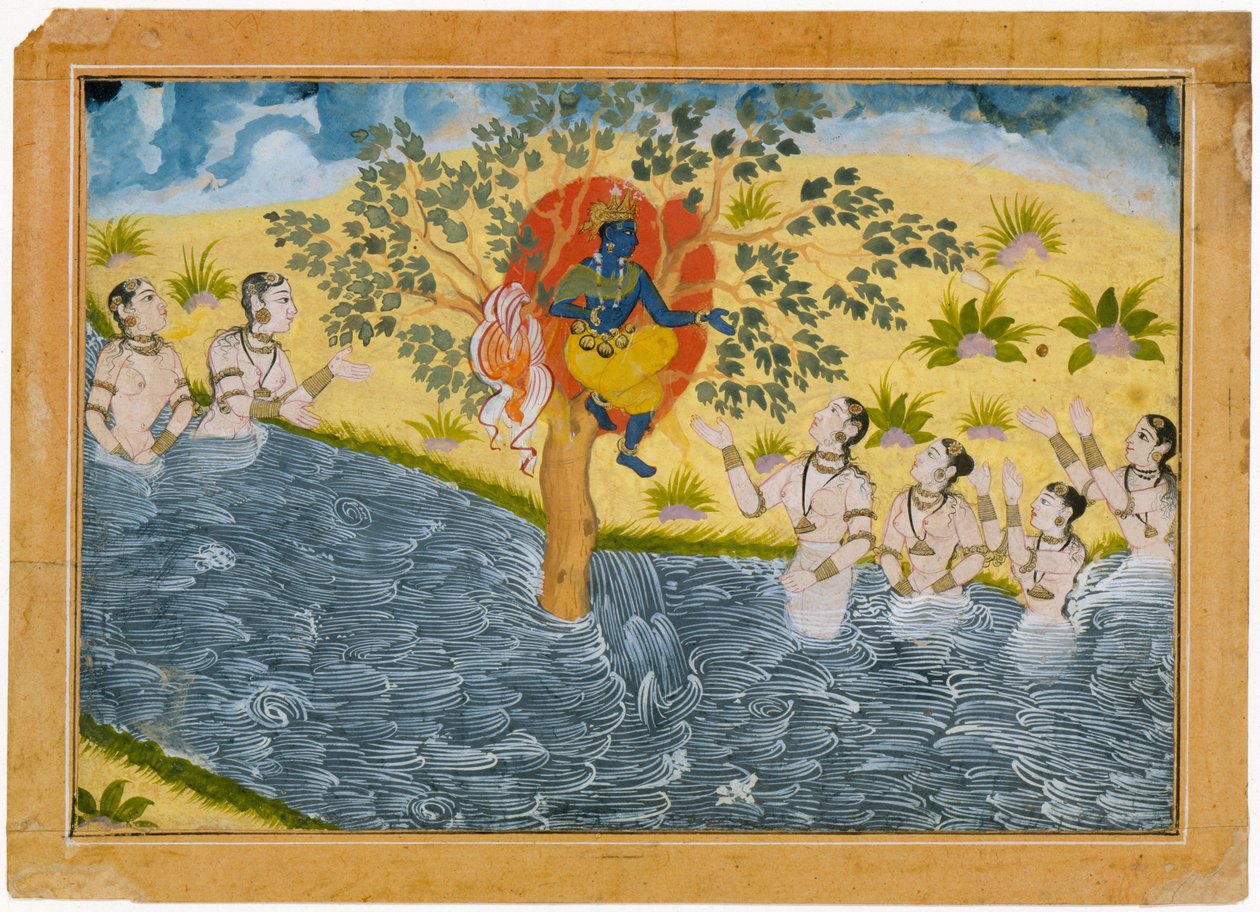 Las Gopis suplican a Krishna que devuelva su ropa. Folio de una serie del Bhagavata Purana (Historias antiguas del Señor Vishnu). de Unbekannt Unbekannt