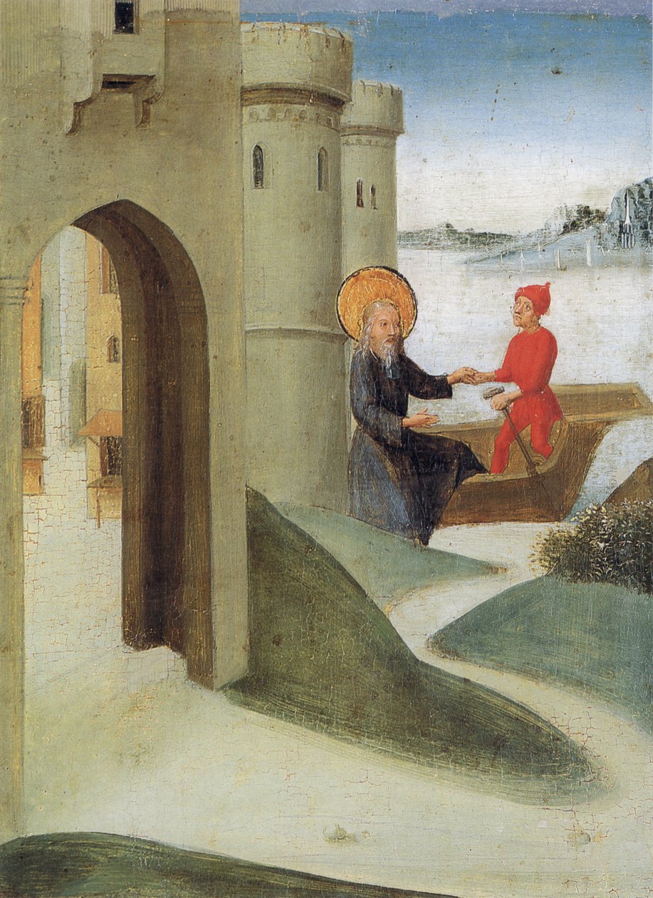 Weingartener Heilig-Blut-Tafel de 1489. Landesmuseum Württemberg, Stuttgart. Tafel 4: Longinus deja Jerusalén y navega hacia Italia de Unbekannt Unbekannt