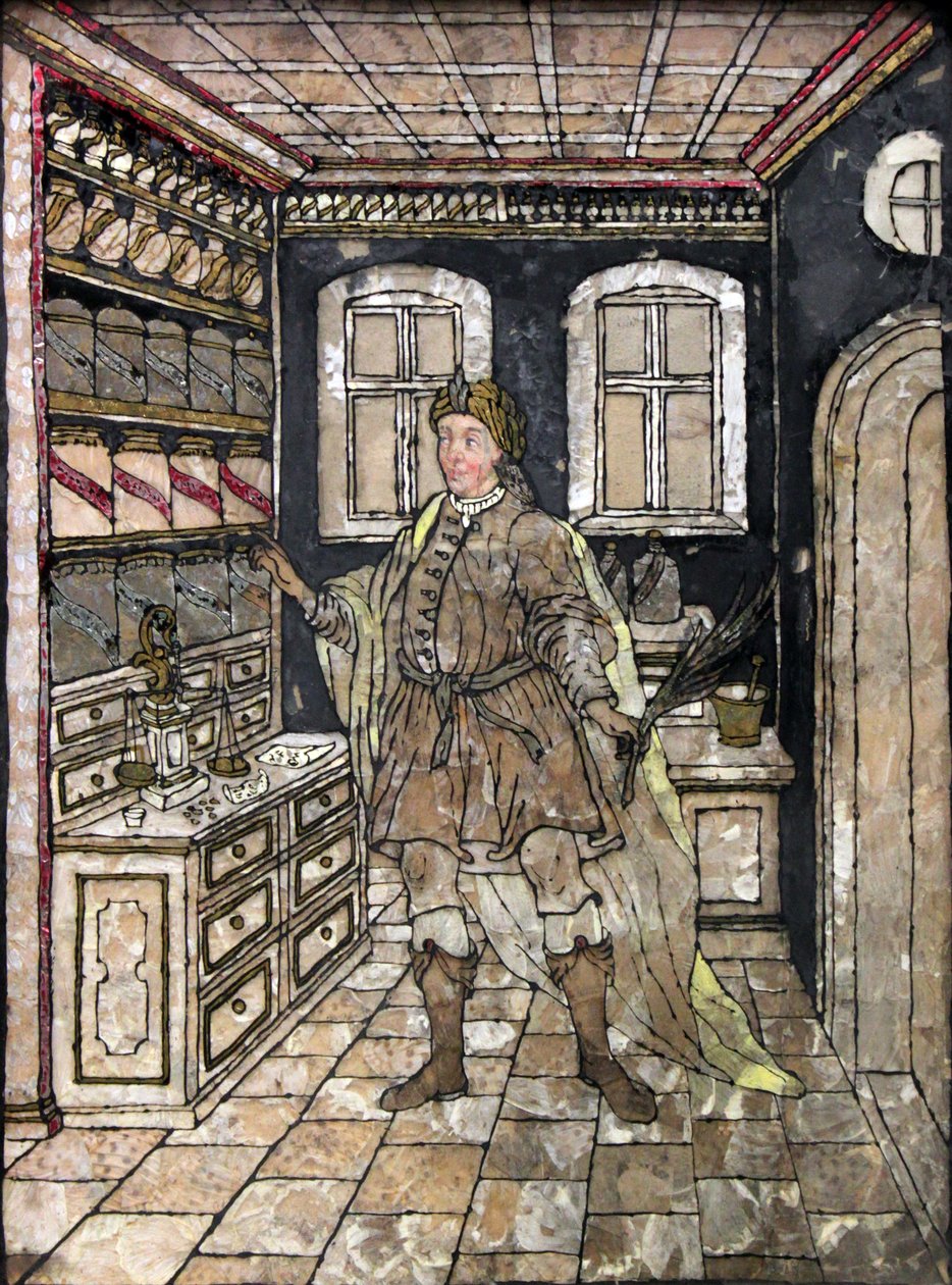 Farmacéutico en traje antiguo en su oficina; pintura sobre gelatina, con alas de mariposa debajo de Unbekannt Unbekannt