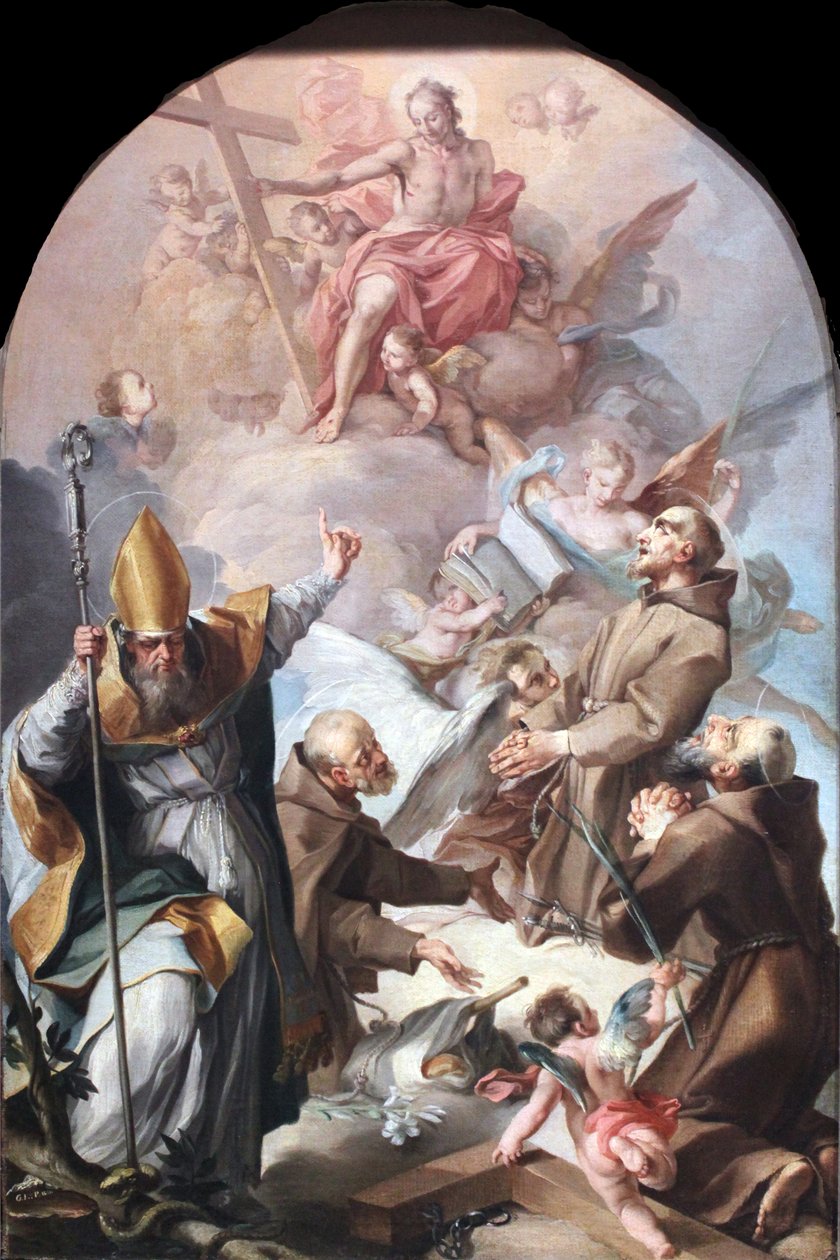 Tres santos capuchinos y un obispo adorando a Cristo y la Cruz de Unbekannt Unbekannt