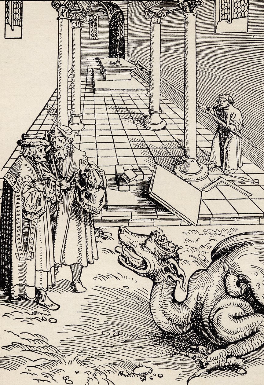 Construcción del templo, después de un grabado en madera de la Biblia de septiembre de Martin Luther, de 