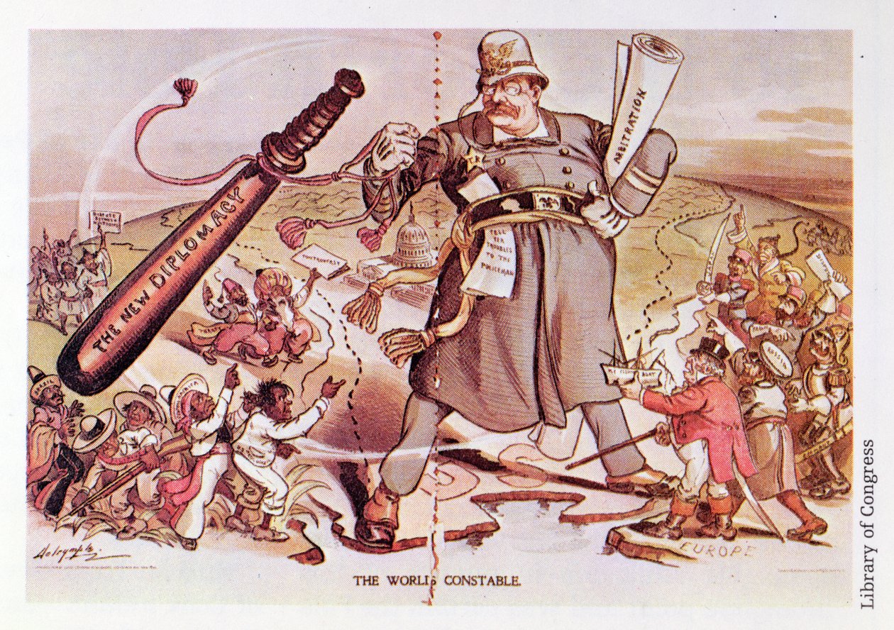 Caricatura del presidente Roosevelt retratado como un policía gigante a horcajadas sobre dos continentes de Unbekannt Unbekannt