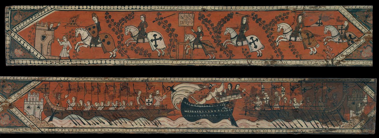 Panel de techo con caballeros, galeras y un barco con alto francobordo de Unbekannt Unbekannt