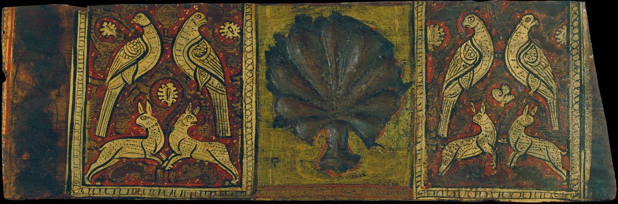 Panel de techo con hoja de palma, pájaros y animales de cuatro patas de Unbekannt Unbekannt