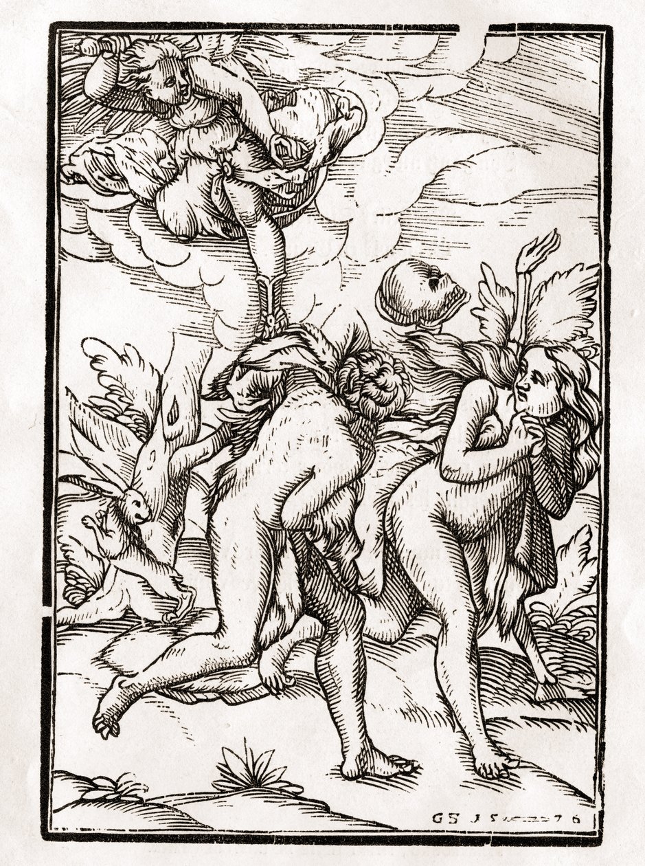 La muerte viene por Adán y Eva, grabado por Georg Scharffenberg, de 