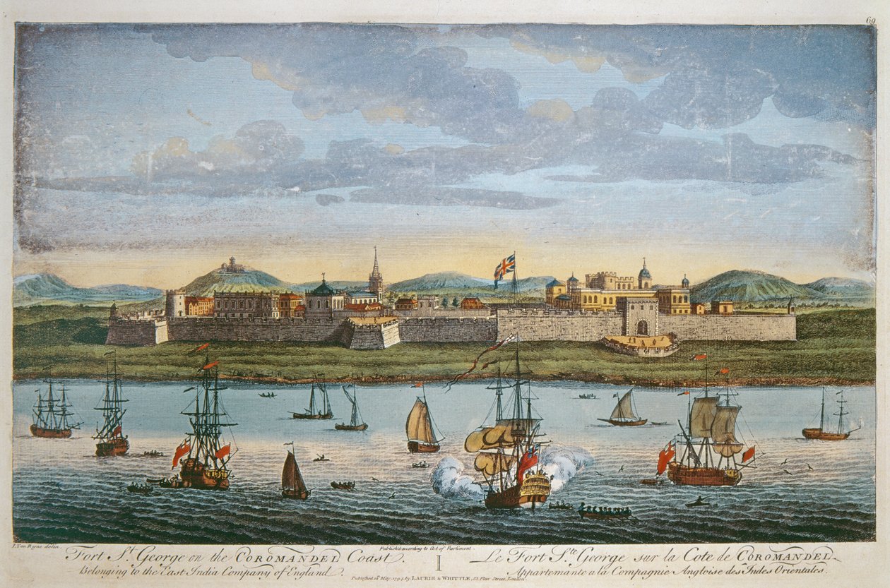Fuerte San Jorge, Costa de Coromandel, India. Grabado coloreado por I Van Ryne, 1794 de Unbekannt Unbekannt