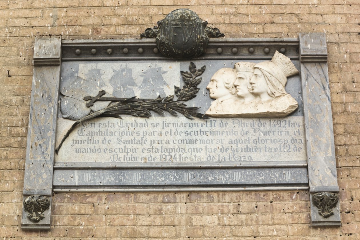Placa conmemorativa de la firma de un contrato entre los Reyes Católicos y Cristóbal Colón el 17 de abril de 1492, que resultó en el descubrimiento europeo del Nuevo Mundo de Unbekannt Unbekannt