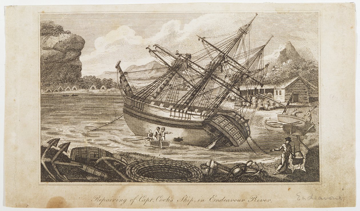 Reparación del barco del Capitán Cook en el río Endeavour de Unbekannt Unbekannt