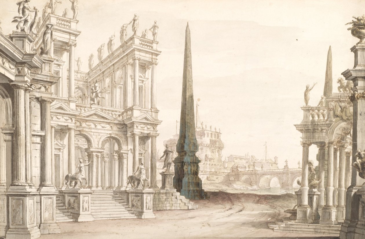 Diseño de escenario mostrando fantasía de Roma con el Castel Sant Angelo, el Ponte Elio y los centauros de Unbekannt Unbekannt
