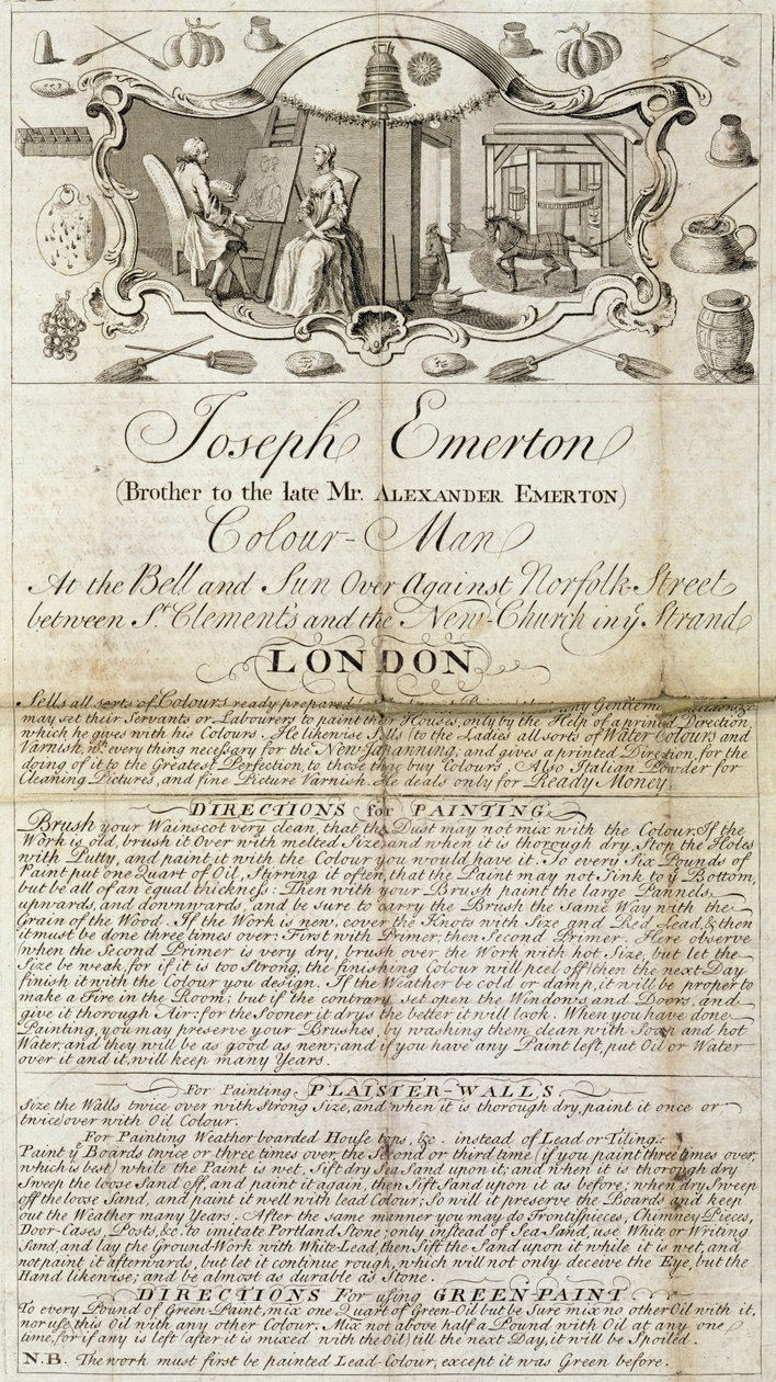 Hoja comercial de Joseph Emerton, Colour Man. anunciando suministros de materiales para pintores y artistas, c.1744 de Unbekannt Unbekannt