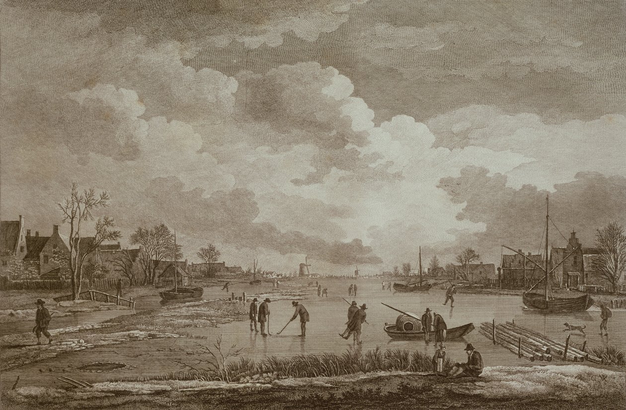 Invierno, golf sobre hielo, grabado en cobre por Van Drever, c.1753 de Unbekannt Unbekannt