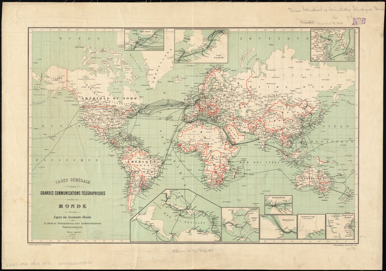 Mapa mundial de líneas telegráficas publicado por la Oficina Internacional del Telégrafo, 1901 de Unbekannt Unbekannt
