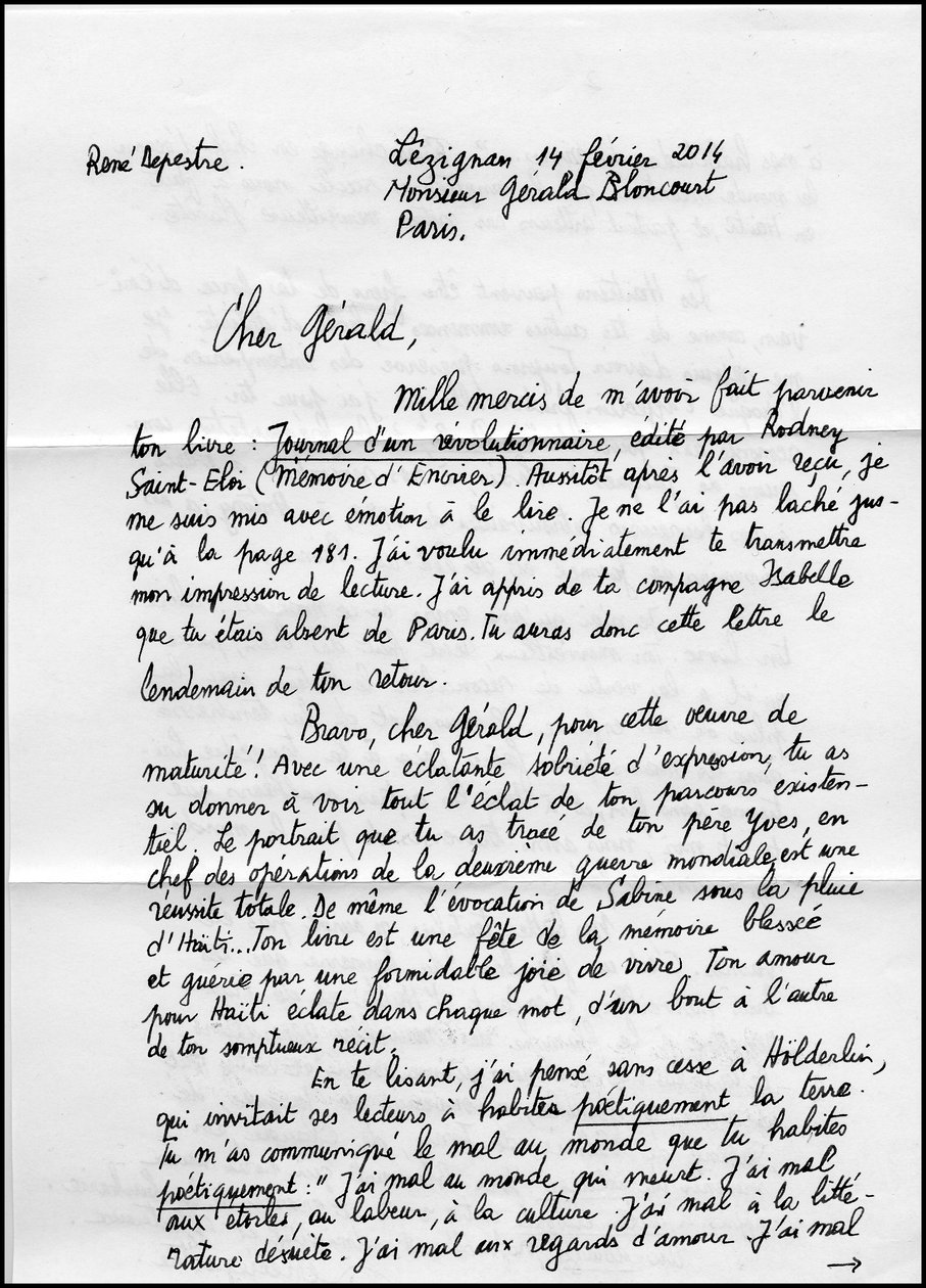 16534N CARTAS DE RENE DEPESTRE UNA PÁGINA 1 SOBRE SU LIBRO JOURNAL D