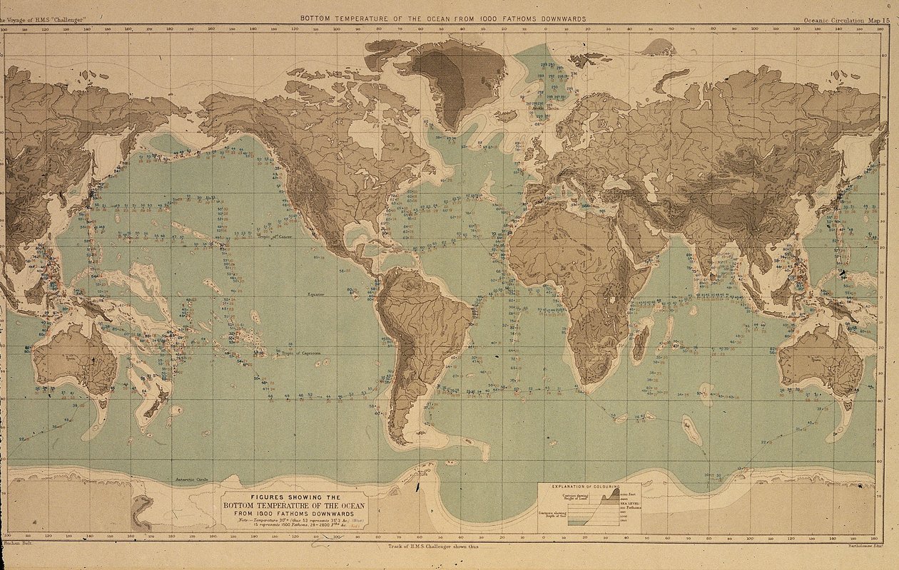 16 gráficos que ilustran las temperaturas oceánicas a diferentes profundidades, de los informes del crucero Challenger de Unbekannt